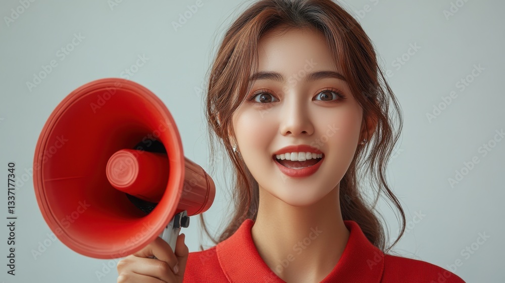 Asian woman in red shirt communicating by shouting loudly holding megaphone expressing success and positive concept idea for marketing or sales Asian woman in red shirt communicating by shouting loudly holding megaphone expressing success and positive concept idea for marketing or sales