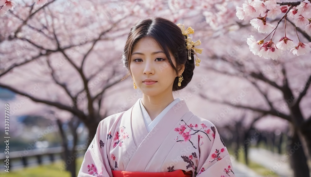 A photorealistic image of a person wearing a traditional kimono attire, showcasing intricate patterns and vibrant colors, set against a serene Japanese garden backdrop with cherry blossoms A photorealistic image of a person wearing a traditional kimono attire, showcasing intricate patterns and vibrant colors, set against a serene Japanese garden backdrop with cherry blossoms