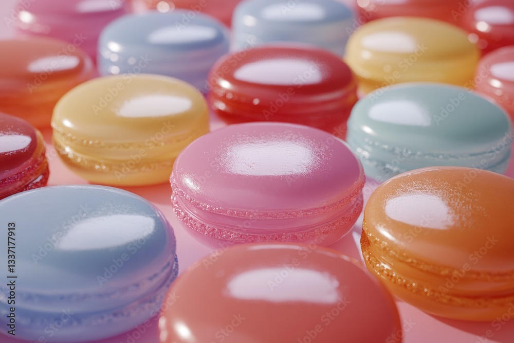 A collection of colorful macarons, arranged in rows, showcasing their vibrant hues and smooth texture. A collection of colorful macarons, arranged in rows, showcasing their vibrant hues and smooth texture.