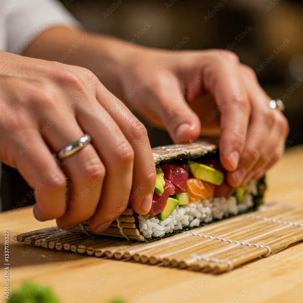 Obraz premium Hands preparing a sushi roll, wrapping ingredients. Japanese culinary art. 