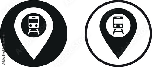 Train location pin icon set in two styles . Map pointer with train icon . Vector illustration