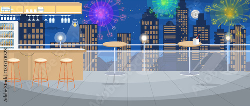 A vibrant rooftop bar showcases a stunning city skyline illuminated by colorful fireworks at night. Guests can enjoy drinks while surrounded by festive decorations and lights.