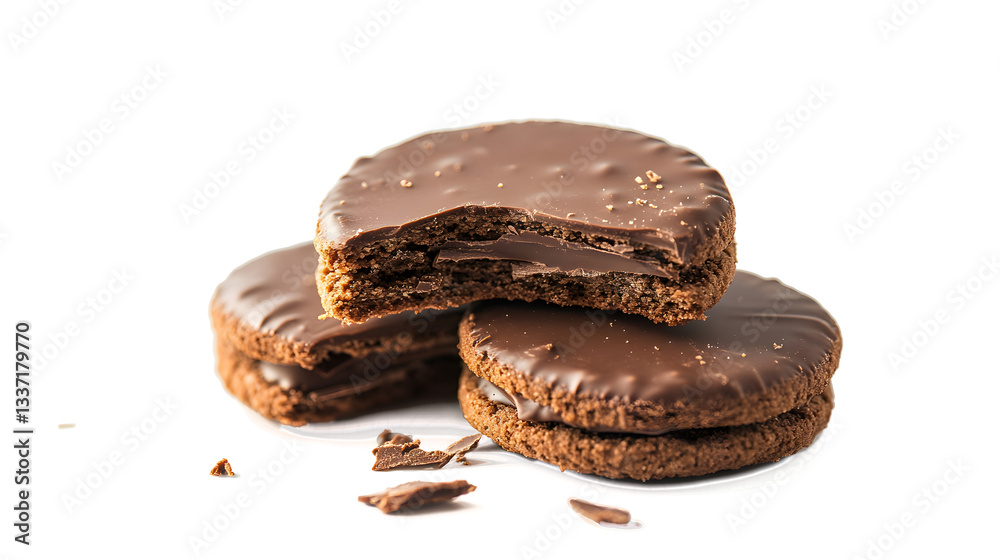 A chocolate cookie is cut in half and sits on top of two other cookies A chocolate cookie is cut in half and sits on top of two other cookies