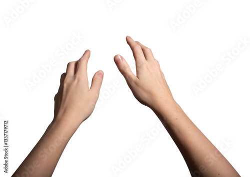 Both hands outstretched with fingers spread wide, reaching forward in an open grasping gesture. Symbolizing action, capture, or touch. Isolated on white background..