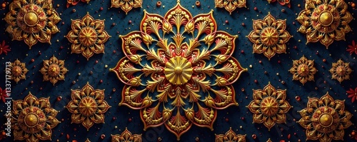 Ornate golden mandala flower outline, luxury repeat , elegant, seamless, islam