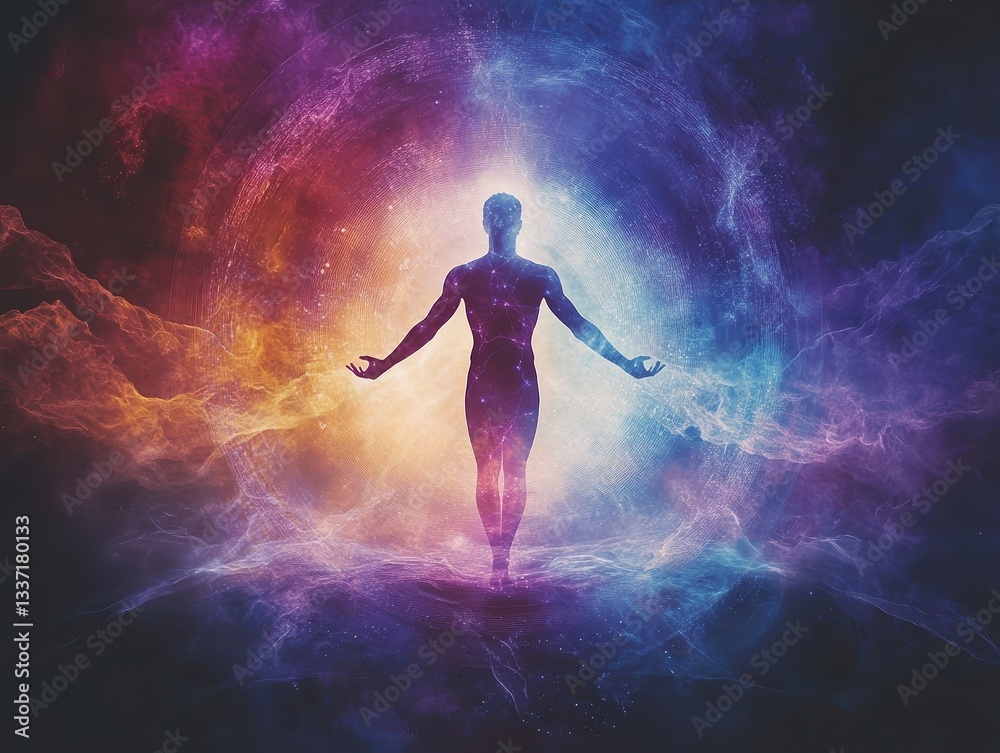 Human silhouette surrounded by concentric energy waves standing with arms outstretched, figure emits soft, glowing ripples of frequency in blues and purples, symbolizing vibration. Human silhouette surrounded by concentric energy waves standing with arms outstretched, figure emits soft, glowing ripples of frequency in blues and purples, symbolizing vibration.