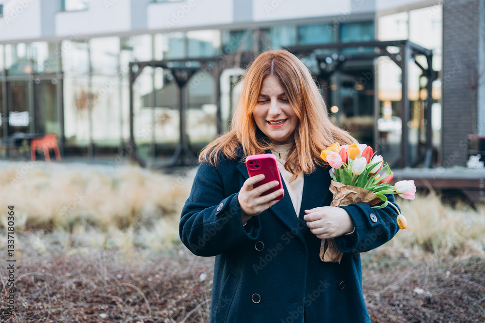 Picture of pretty young woman with spring tulips flowers bouquet standing on the street holding phone in hands. Happy girl posing outdoors. Spring portrait of pretty female on urban background