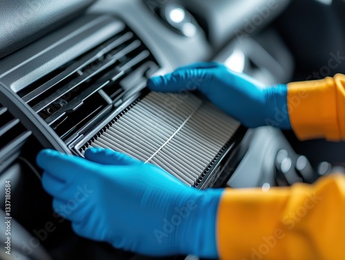  Mechanic replacing a cabin air filter in a car dashboard. A technician’s hands carefully sliding a clean cabin air filter into the compartment behind the glove box.