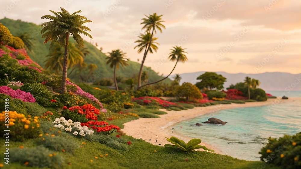 Fototapeta premium Tropical Paradise: Lush Island Coastline with Palm Trees, Vibrant Flowers, and Clear Turquoise Waters at Sunset
