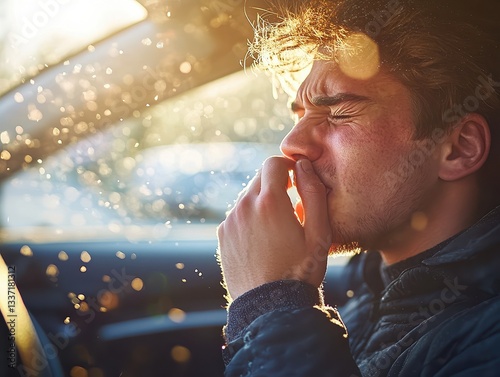  Person sneezing in a car due to a dirty air filter. A driver sitting in a vehicle, covering their mouth as they sneeze, with dust particles visibly floating in the air. photo
