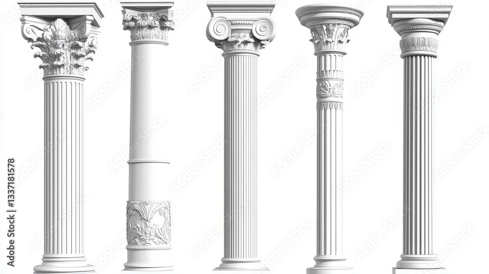 Ancient white marble roman column of different shapes and ornament for Greek architecture building design. 3d vector set of temple and castle pillar elements for facade or porch colonnade decoration Ancient white marble roman column of different shapes and ornament for Greek architecture building design. 3d vector set of temple and castle pillar elements for facade or porch colonnade decoration