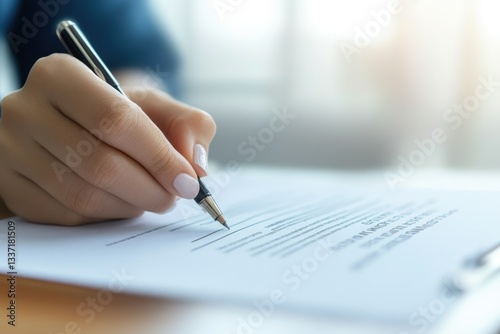 A woman's hand signing a document with a pen, signifying legal agreement or contract.