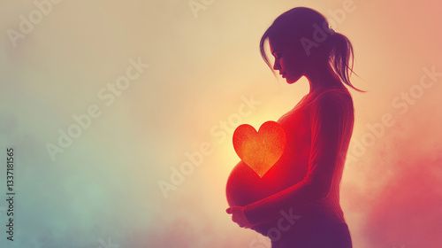 Silhouette of pregnant woman with glowing heart symbol