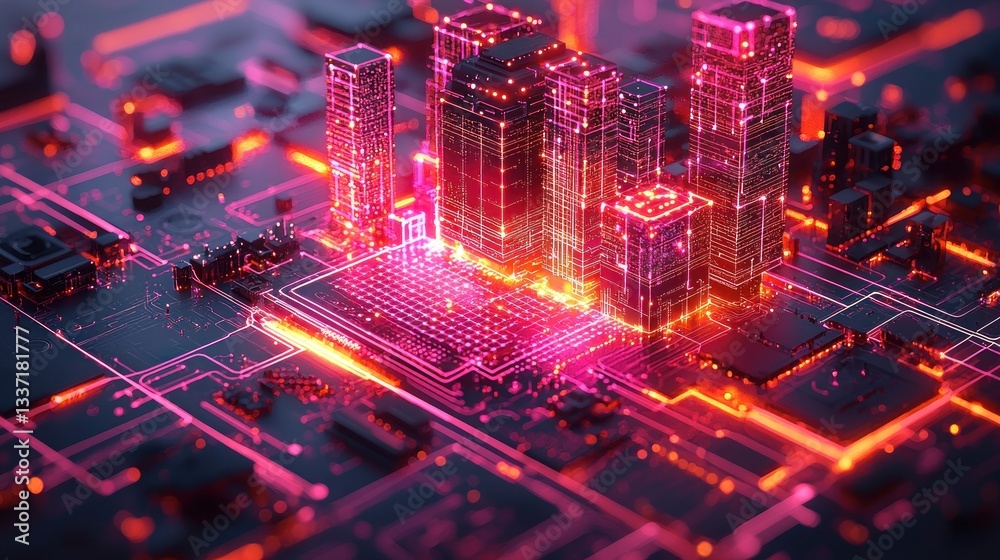Obraz premium Cyber Cityscape: Digital Metropolis on a Circuit Board