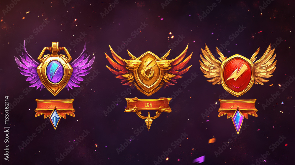 Collection of level up badges isolated on background. Vector cartoon illustration of game progress award, golden medals with arrows, wings, red and purple decoration, winner trophy, ui design elements Collection of level up badges isolated on background. Vector cartoon illustration of game progress award, golden medals with arrows, wings, red and purple decoration, winner trophy, ui design elements