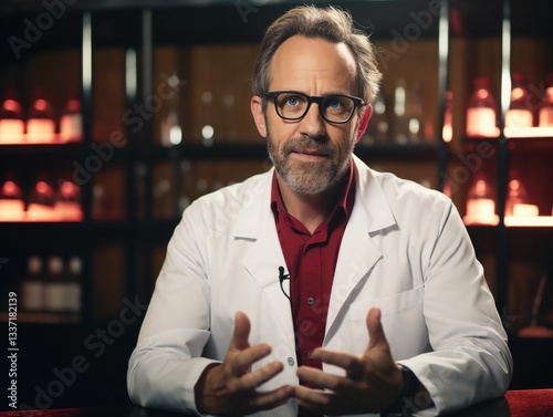 Scientist explaining a concept on a digital tablet, podcast recording setup in the background, modern and minimalistic setting, clean bright lighting, science podcast