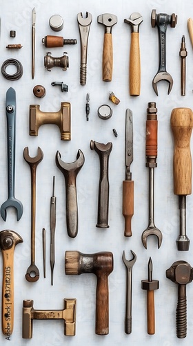 Collection of Hand Tools Arranged on White Background Top View..