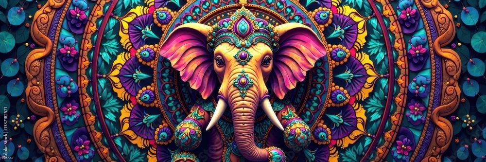 Fototapeta premium Intricate Ganesha-inspired elephant on mandala Colorful boho pattern, spiritual poster , design, hindu