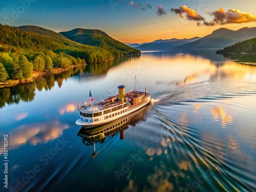 Obraz na płótnie Majestic Steamboat on Lake George at Sunset - Drone Aerial View w salonie