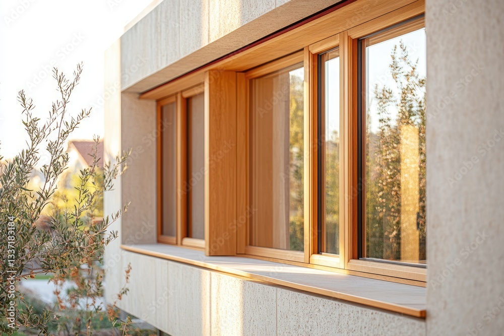 Fototapeta premium Modern architecture showcasing a large window with light oak frame, set into a light grey concrete wall.
