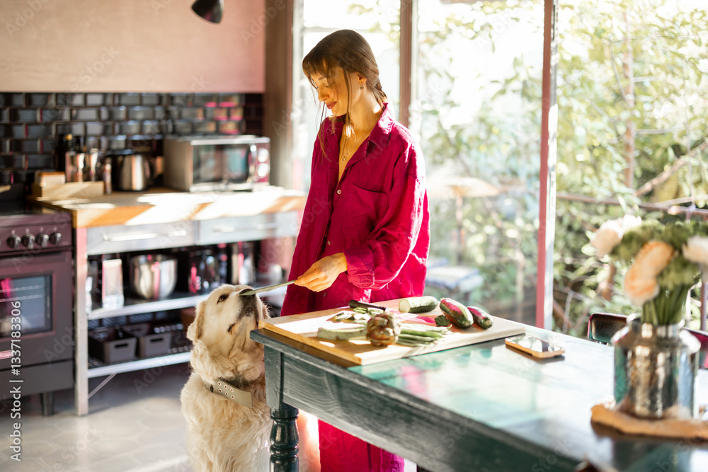 A woman in a red outfit shares a vegetable slice with her fluffy white dog in a bright, rustic kitchen. Sunlight streams through large windows, creating a cozy and heartwarming scene of companionship