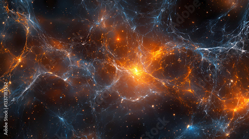 Bonds between radiant particles, microcosmic universe. Microcosmic Web. Illustration