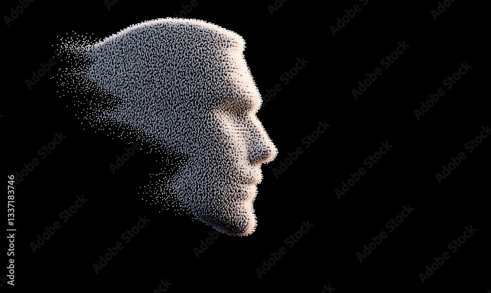 Obraz premium Disintegrating head profile, particles, dark background