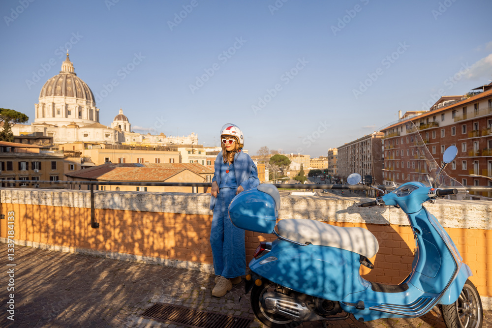 A joyful traveler embraces freedom sitting on a blue scooter with St Peters Basilica in the background. A perfect representation of Italian lifestyle, adventure, and urban exploration