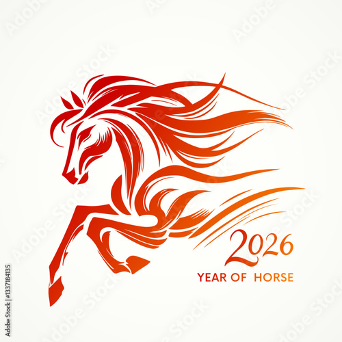 Running red fire horse symbol of new year 2026 according to Asian Chinese calendar. greeting card or banner. vector illustration