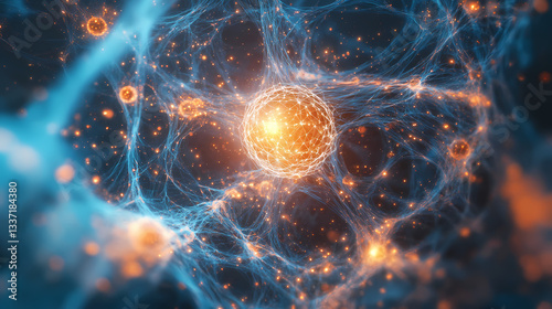 Microcosmic universe with latticework of bonds with radiant particles. Microcosmic Web. Illustration