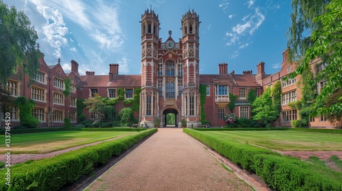 Scenic View of Historic University Campus with Lush Green Lawns and Elegant Architecture