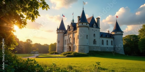 Sunlit Chateau de Vincennes, French flag waving ,  heritage,  medieval