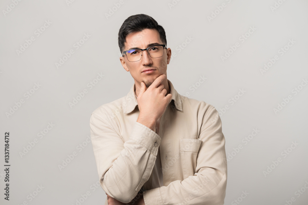 Deep in thought. A man in eyeglasses and a beige overshirt holding his chin, gazing thoughtfully. A perfect blend of intellect and modern style in a sleek Deep in thought. A man in eyeglasses and a beige overshirt holding his chin, gazing thoughtfully. A perfect blend of intellect and modern style in a sleek