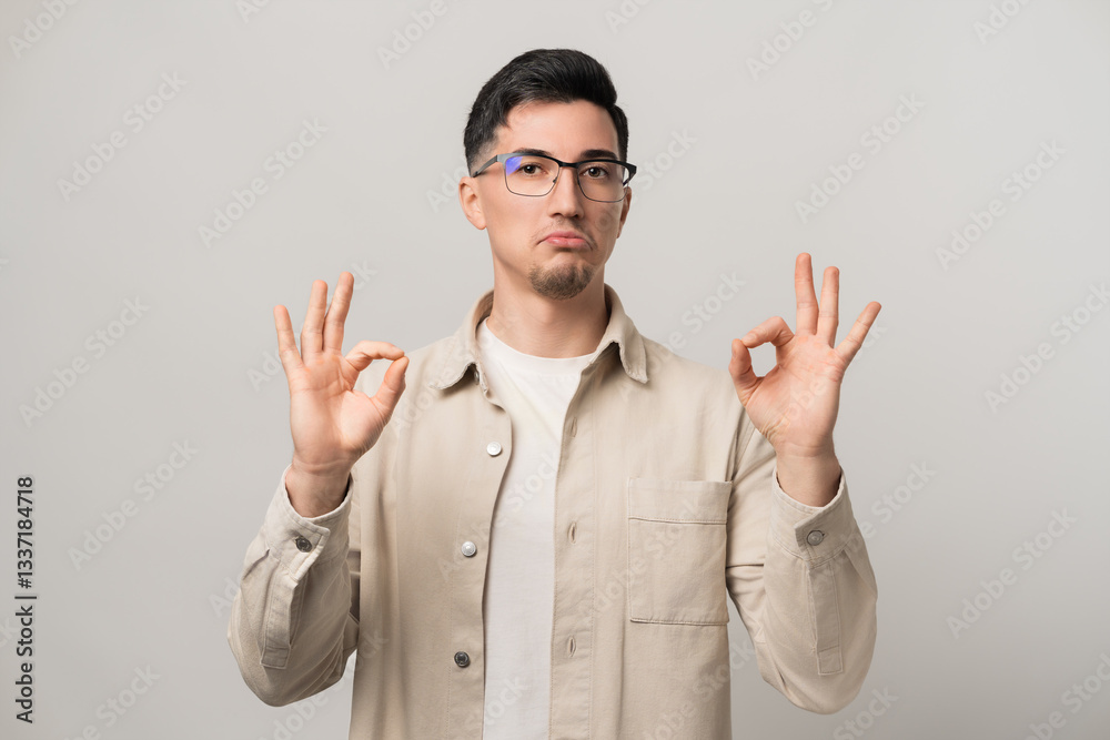 Unshakable confidence. A man in eyeglasses and a beige overshirt holding both hands in an OK gesture, exuding bold self-assurance. Modern style meets unstoppable charisma Unshakable confidence. A man in eyeglasses and a beige overshirt holding both hands in an OK gesture, exuding bold self-assurance. Modern style meets unstoppable charisma