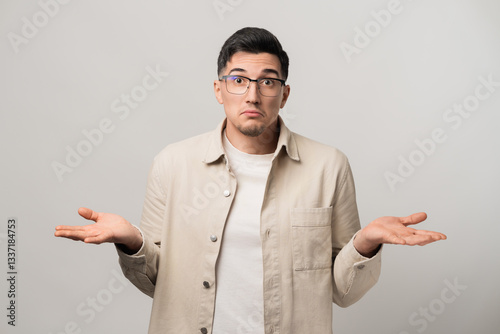 No clue. A man in a beige overshirt and eyeglasses raising his palms and shrugging his shoulders in confusion. A perfect mix of uncertainty and casual charm
