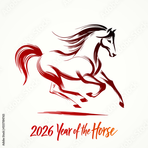 Running red fire horse symbol of new year 2026 according to Asian Chinese calendar. greeting card or banner. vector illustration