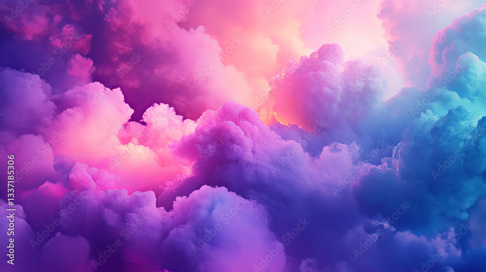 Fototapeta premium Neon cloud in bright pink, purple and blue colors. Realistic vector illustration of magic fantasy and futuristic fog. Magic surreal smoke with gradient effect. Vibrant illuminated cumulus elements.