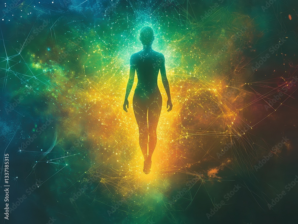 Naklejka premium Glowing human silhouette surrounded by vibrant cosmic energy, symbolizing enlightenment, spiritual awakening, and higher consciousness.