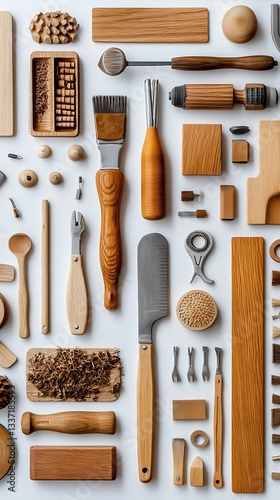 Collection of Wooden Kitchen Utensils on White Background Top View..