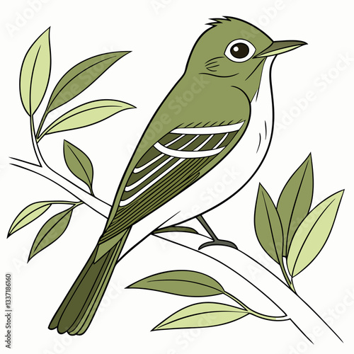 Nature's Serenade: An illustration of a vibrant bird perched gracefully on a slender branch amidst lush foliage. Evoking tranquility.
