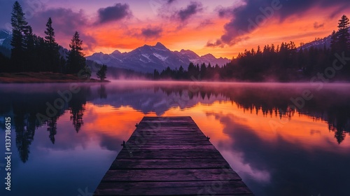 Fototapeta Naklejka Na Ścianę i Meble -  Wooden dock stretching into a calm lake reflecting a vibrant orange and purple sunset over mountains and a forest.