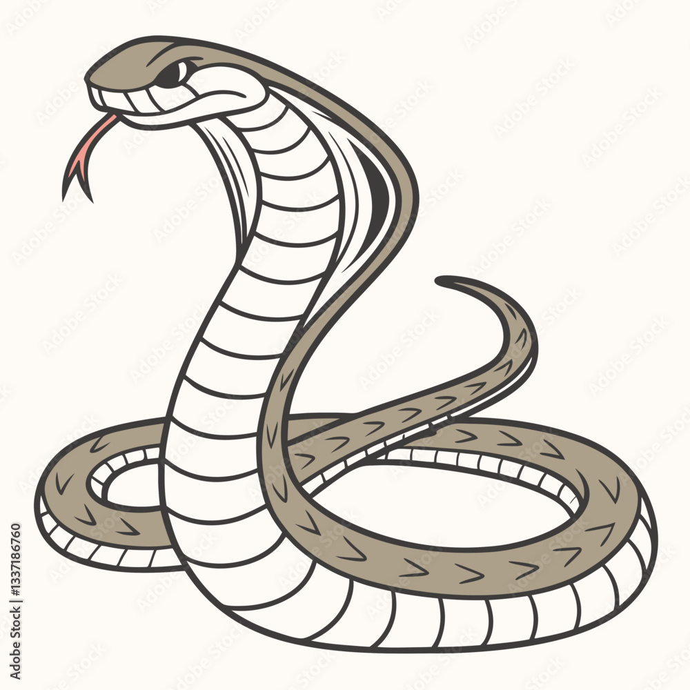 Fototapeta premium Cobra Elegance: This illustration shows a poised cobra, displaying its iconic hood with a striking pose, rendered in a captivating artistic style.