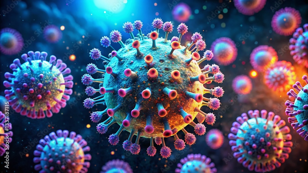 Microscopic 3D Virus: Intricate Structure & Vibrant Colors - Long Exposure Stock Photo Microscopic 3D Virus: Intricate Structure & Vibrant Colors - Long Exposure Stock Photo