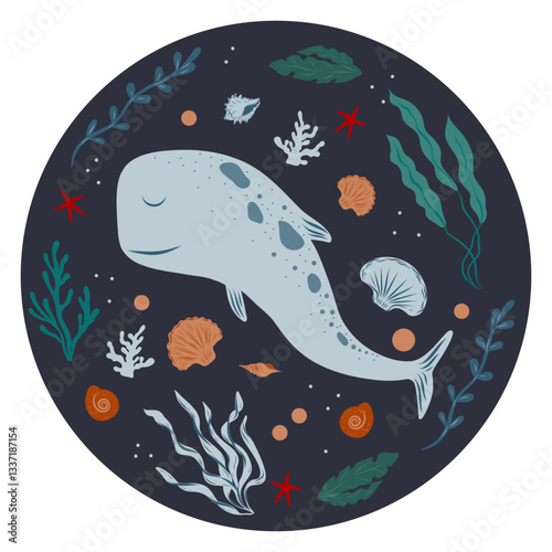 Whale surrounded by coral, bubbles, seaweed, algae and underwater elements in a circle. Illustration with marine animal
