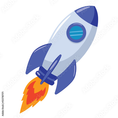 Rocket ship launched to space, Flying shuttle with fire trail. Business growth, startup, and future ambition concept. Flat vector illustration isolated on white background.