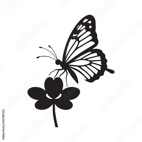 A black silhouette illustration of a butterfly perched on a flower.