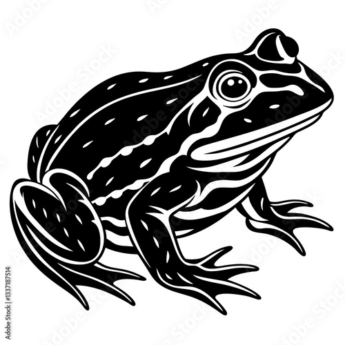 Frog Monochrome Illustration: A striking monochrome illustration of a frog, showcasing its textured skin, detailed features, and overall form in a minimalist yet captivating aesthetic. 