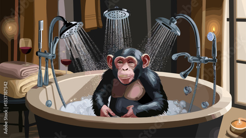 A whimsical scene featuring a chimpanzee enjoying a bubble bath under multiple showerheads, surrounded by plush towels and wine. Perfect for animal-themed designs or spa settings.