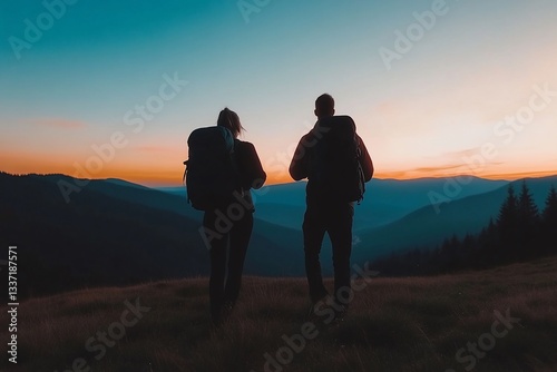Hikers silhouetted against a vibrant sunset over majestic mountains