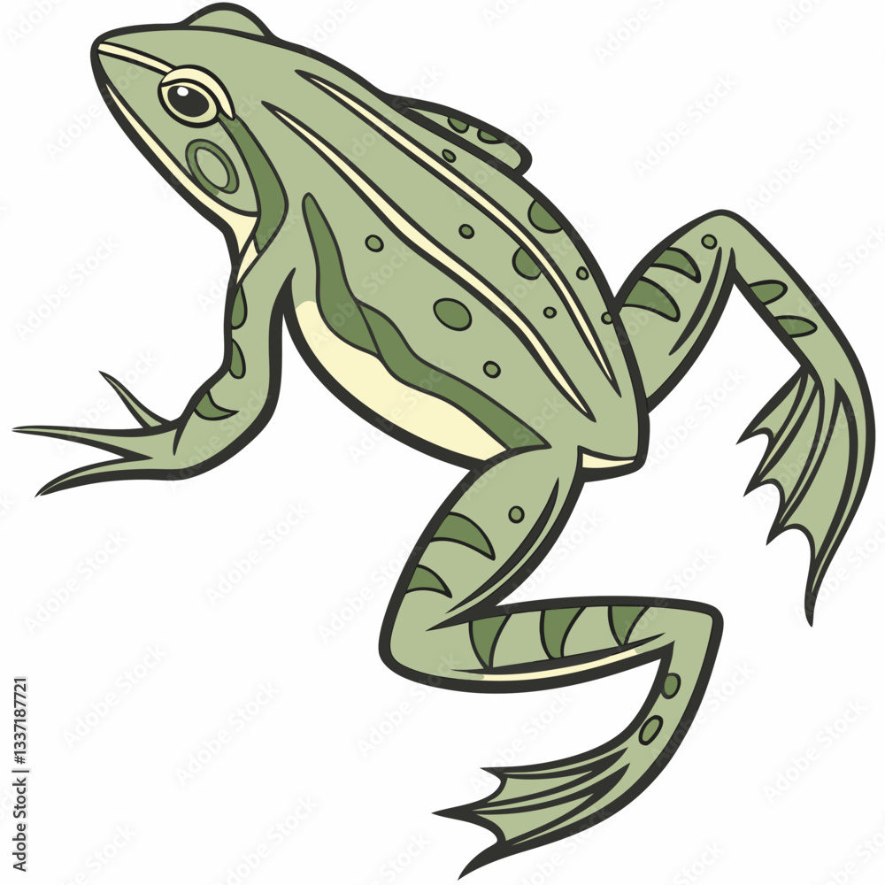 Fototapeta premium Leaping Frog: An illustrated frog leaps gracefully across a bright background, capturing its dynamic movement and distinct features.